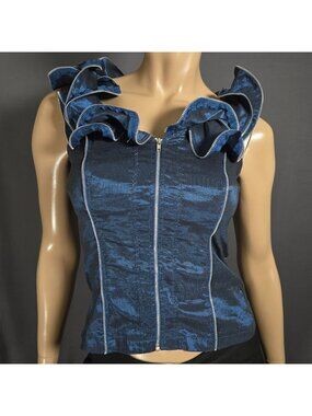 Y2K Shiny Ruffled Zipper Top Size S Blue Pinstriped Satiny Grunge Fairy
